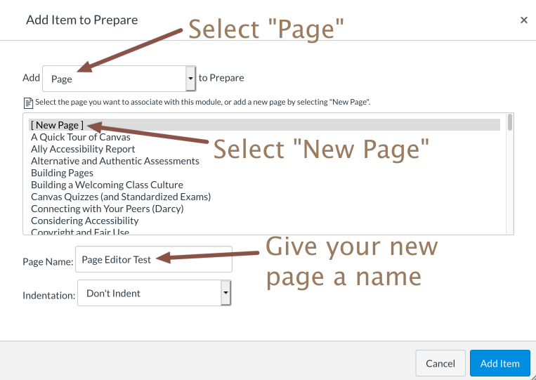 Dialog for adding a new page to a Canvas Module after pressing the Add Item button