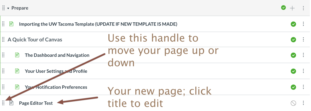 Module showing newly added page with a handle moving it