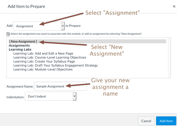 New assignment dialog with options highlighted