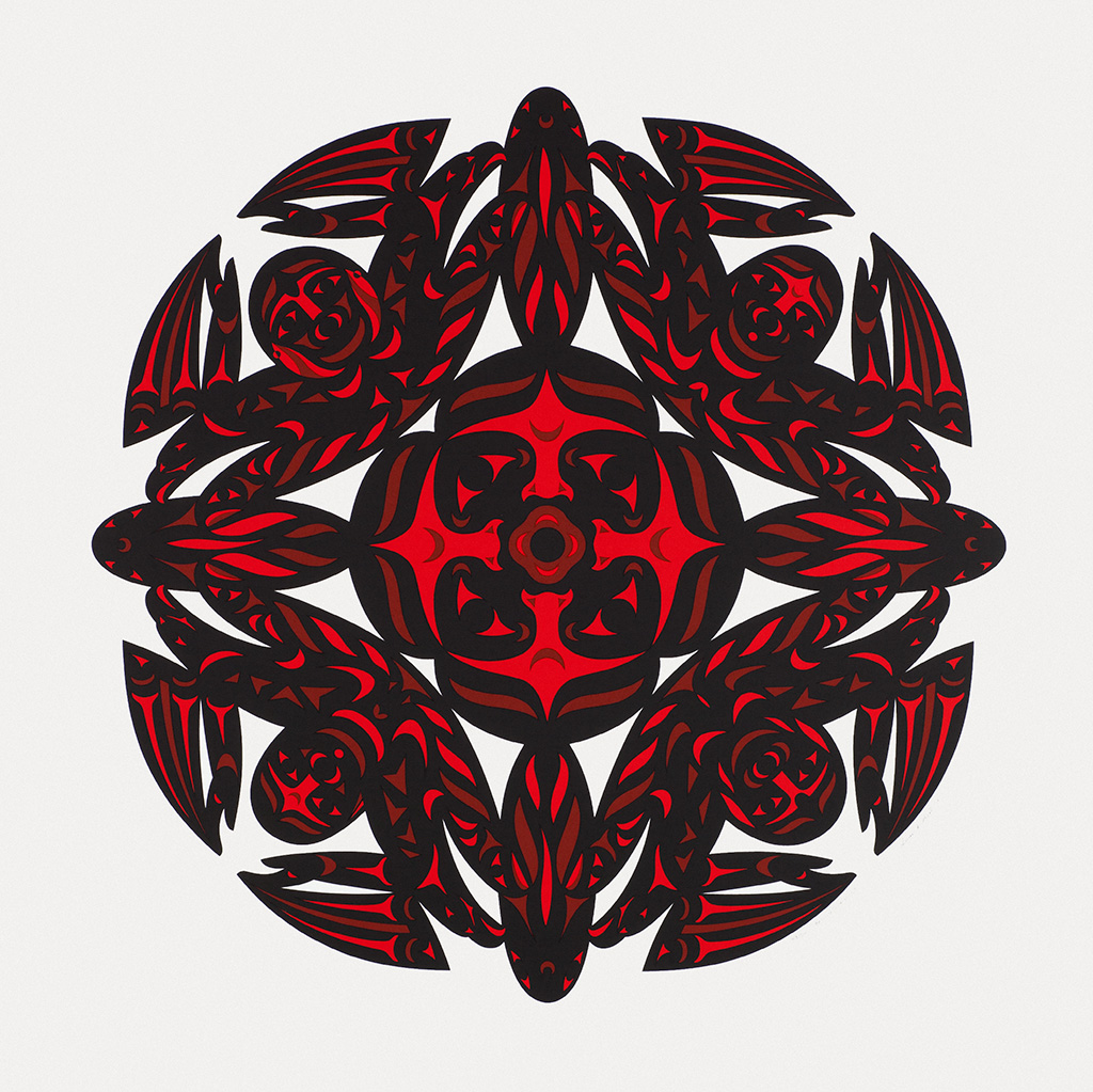 A circular screenprint in red and black, showing images of 4 figures around the edges and one symmetrical design in the center. Artwork by Susan Point.