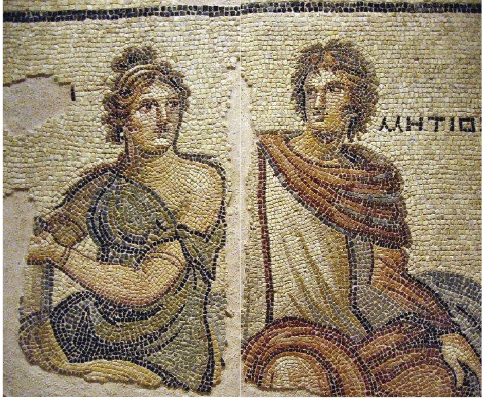 Ancient Greek Mosaic. Woman on the left glancing toward man on the right. 
