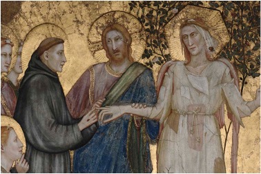 It shows a man, Saint Francis of Assisi, placing a ring on the finger of Poverty. Another man, Jesus Christ, joins together the hands of the bride and the groom.