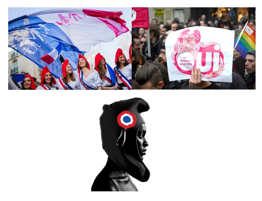 Collage of three images showing different versions of Marianne, symbol of the French nation: white Mariannes against gay marriage, white Mariannes for gay marriage, and a black Marianne