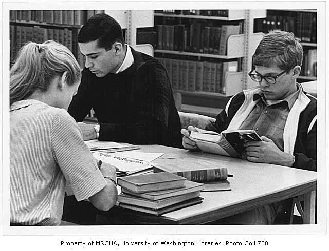 UW students studying in library, early 1960s, UW Special Collections