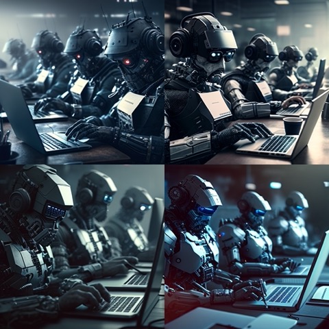 Four similar AI-generated images showing high-tech humanoid robots sitting at a table and typing on laptops.