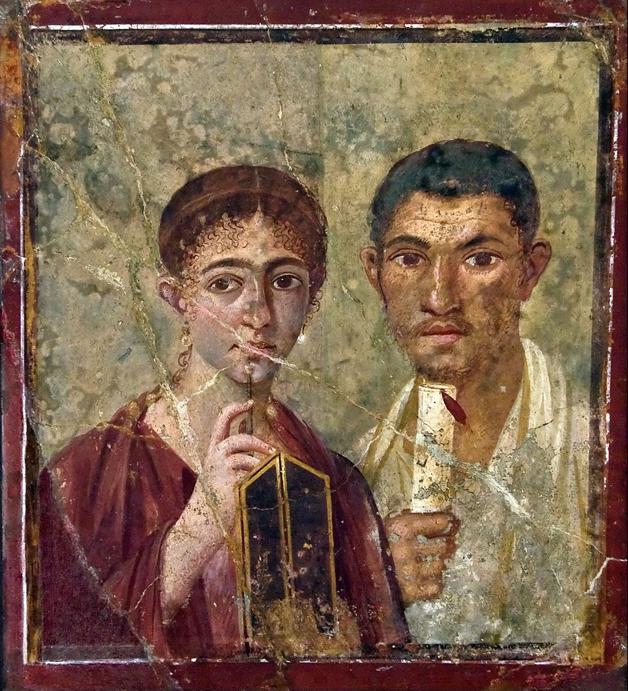ancient fresco: woman on left holds writing tablet and pen, man on right holds rolled up scroll. 