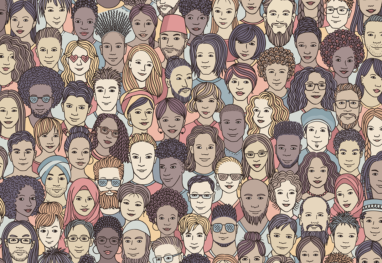 An illustration of faces in a crowd. 