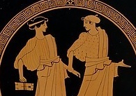 Ancient Greek drawing, girl on left holds wax tablets, girl on right holds her wrist.