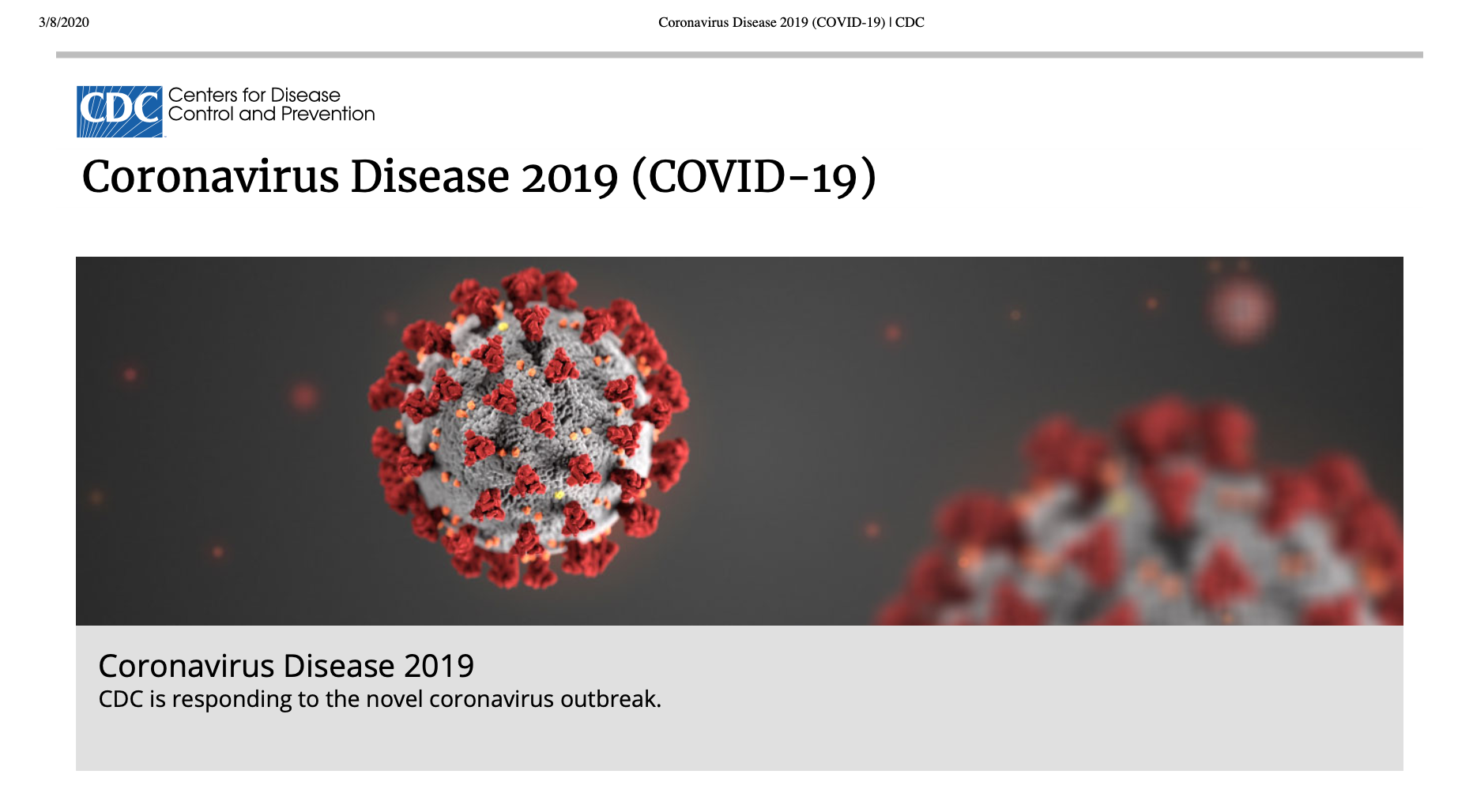 Screenshot of CDC website on coronavirus March 8th, 2020.